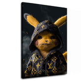 Moderný obraz na plátne s motívom Pikachu: Streetwear kráľ v čierno-zlatých odtieňoch, popkultúra | Obraz Pikachu: Streetwear kráľ – hlavný