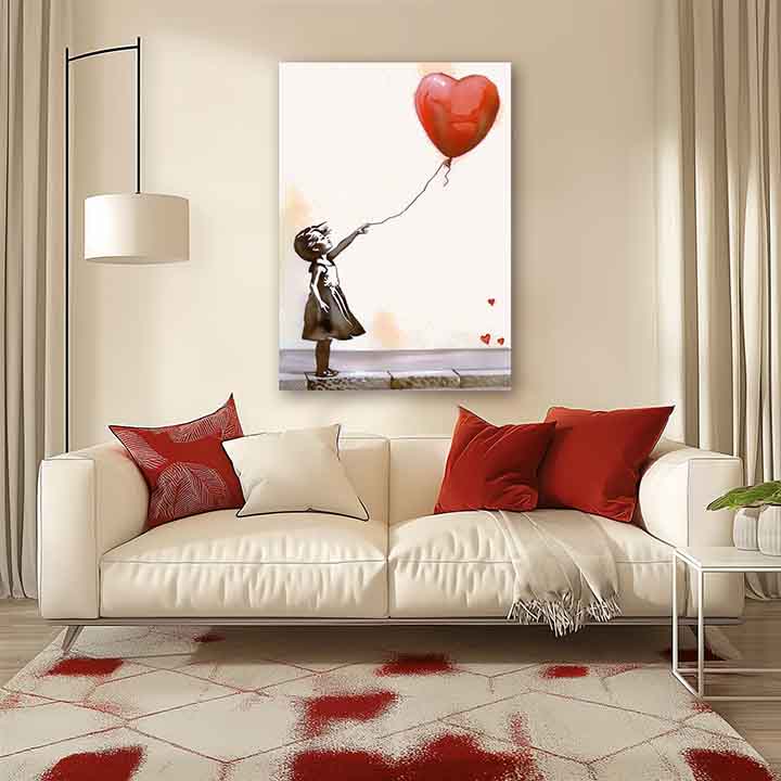 Moderný obraz na plátne s motívom Heart Balloon Girl, balón, srdce v bielo-čiernych odtieňoch, melancholická atmosféra, láska a detstvo | Obraz Heart Balloon Girl – produkt