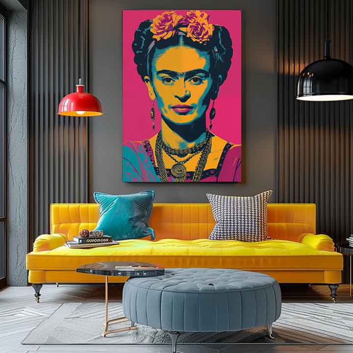 Moderný obraz na plátne s motívom Frida Pop, kvety v žltých odtieňoch, živá atmosféra, ikonografia | Obraz Frida Pop – produkt
