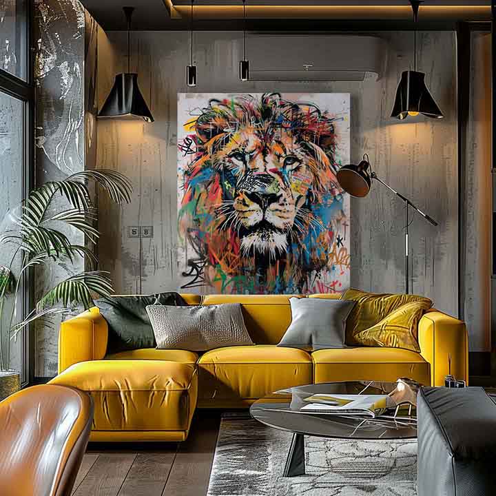 Moderný obraz na plátne s motívom Graffiti Lion, lev v bielo-čiernych odtieňoch, energická atmosféra, sila a sloboda | Obraz Graffiti Lion – produkt