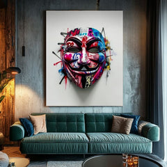 Moderný obraz na plátne s motívom Anonymous Mask, graffiti v bielo-čiernych odtieňoch | Obraz Anonymous Mask, nástenná dekorácia – produkt
