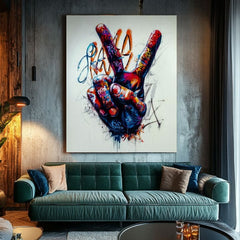 Moderný obraz na plátne s motívom Peace Hand, graffiti v bielych odtieňoch, energická atmosféra | Obraz Peace Hand, nástenná dekorácia – produkt