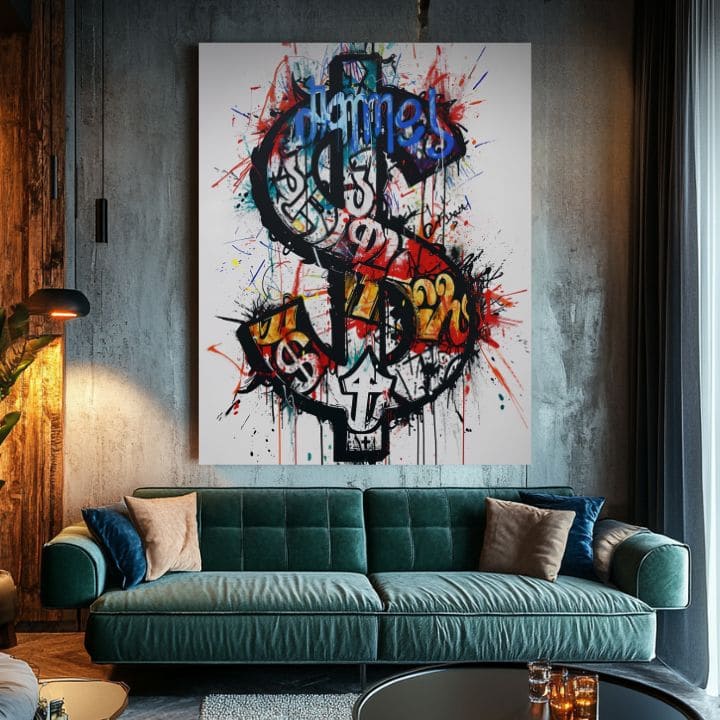Moderný obraz na plátne s motívom Dollar Graffiti v bielo-čiernych odtieňoch, energická atmosféra | Obraz Dollar Graffiti – produkt