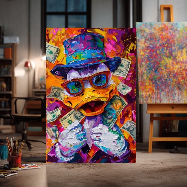 Moderný obraz na plátne s motívom Money Duck, okuliare v oranžovo-fialových odtieňoch, energická atmosféra, popkultúra | Obraz Money Duck – produkt