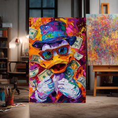 Moderný obraz na plátne s motívom Money Duck, okuliare v oranžovo-fialových odtieňoch, energická atmosféra, popkultúra | Obraz Money Duck – produkt