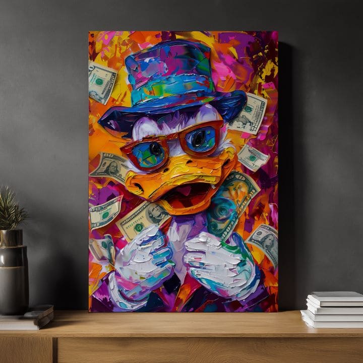 Moderný obraz na plátne s motívom Money Duck, okuliare v oranžovo-fialových odtieňoch, energická atmosféra, popkultúra | Obraz Money Duck – produkt, pohľad 3