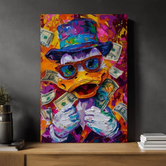 Moderný obraz na plátne s motívom Money Duck, okuliare v oranžovo-fialových odtieňoch, energická atmosféra, popkultúra | Obraz Money Duck – produkt, pohľad 3