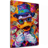 Moderný obraz na plátne s motívom Money Duck, okuliare v oranžovo-fialových odtieňoch, energická atmosféra, popkultúra | Obraz Money Duck – hlavný