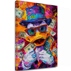 Moderný obraz na plátne s motívom Money Duck, okuliare v oranžovo-fialových odtieňoch, energická atmosféra, popkultúra | Obraz Money Duck – hlavný