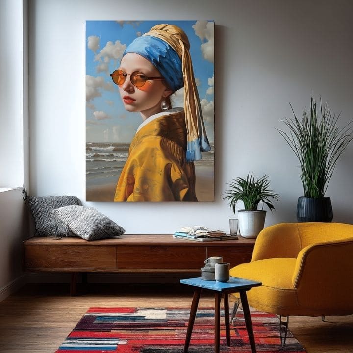 Moderný obraz na plátne s motívom Sea Pearl, pláž, oceán, obloha v modro-žltých odtieňoch, hravá atmosféra, popkultúra | Obraz Sea Pearl – produkt