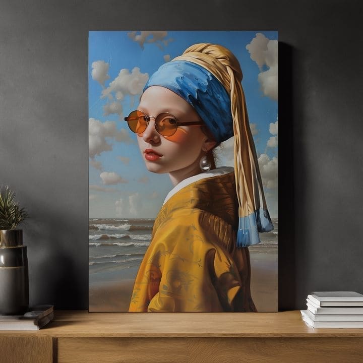 Moderný obraz na plátne s motívom Sea Pearl, pláž, oceán, obloha v modro-žltých odtieňoch, hravá atmosféra, popkultúra | Obraz Sea Pearl – produkt, pohľad 3