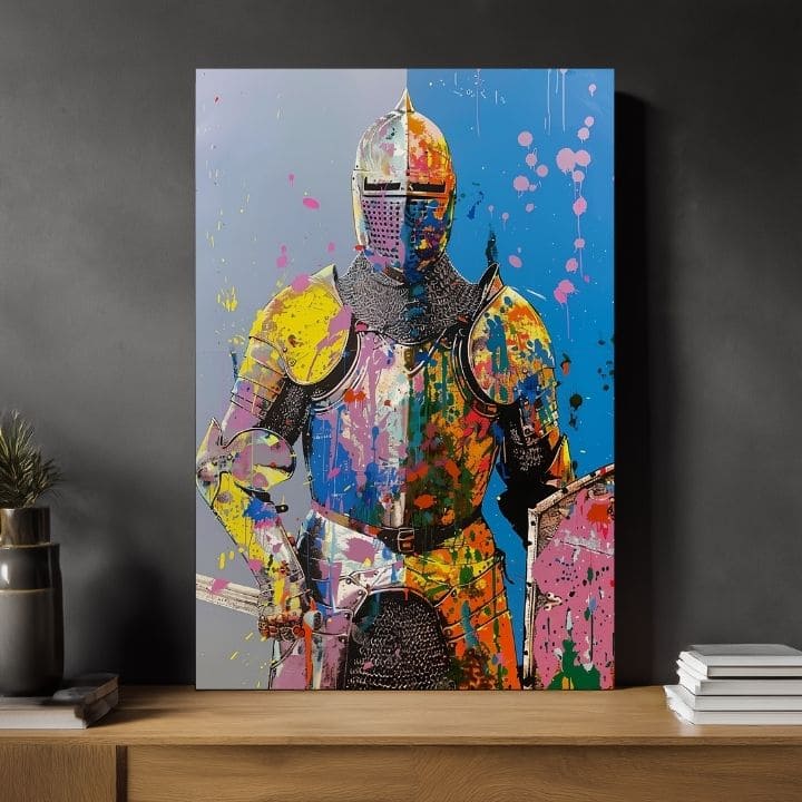 Moderný obraz na plátne s motívom Graffiti Knight, štít v žlto-oranžových odtieňoch, energická atmosféra, sila | Obraz Graffiti Knight – produkt