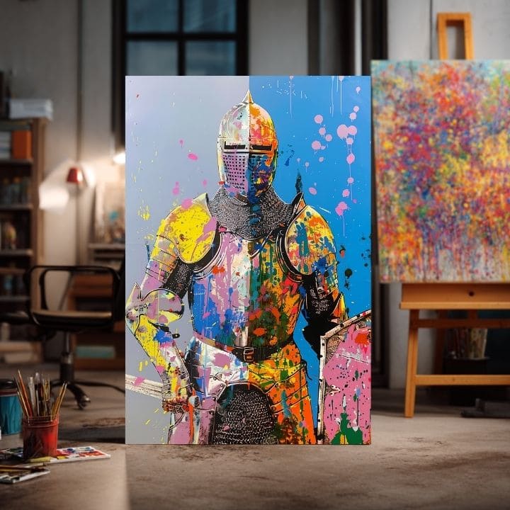 Moderný obraz na plátne s motívom Graffiti Knight, štít v žlto-oranžových odtieňoch, energická atmosféra, sila | Obraz Graffiti Knight – produkt, pohľad 2