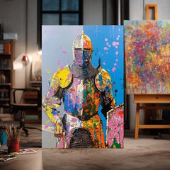 Moderný obraz na plátne s motívom Graffiti Knight, štít v žlto-oranžových odtieňoch, energická atmosféra, sila | Obraz Graffiti Knight – produkt, pohľad 2
