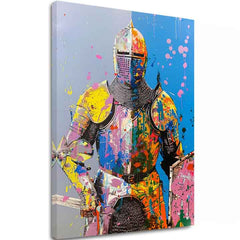 Moderný obraz na plátne s motívom Graffiti Knight, štít v žlto-oranžových odtieňoch, energická atmosféra, sila | Obraz Graffiti Knight – hlavný