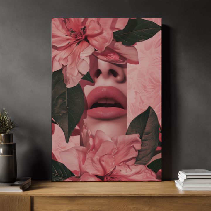Moderný obraz na plátne s motívom Floral Lips v ružovo-zelených odtieňoch, romantická atmosféra, príroda a krása | Obraz Floral Lips – produkt