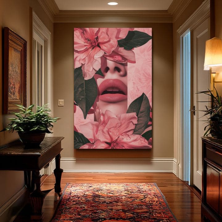 Moderný obraz na plátne s motívom Floral Lips v ružovo-zelených odtieňoch, romantická atmosféra, príroda a krása | Obraz Floral Lips – produkt, pohľad 2