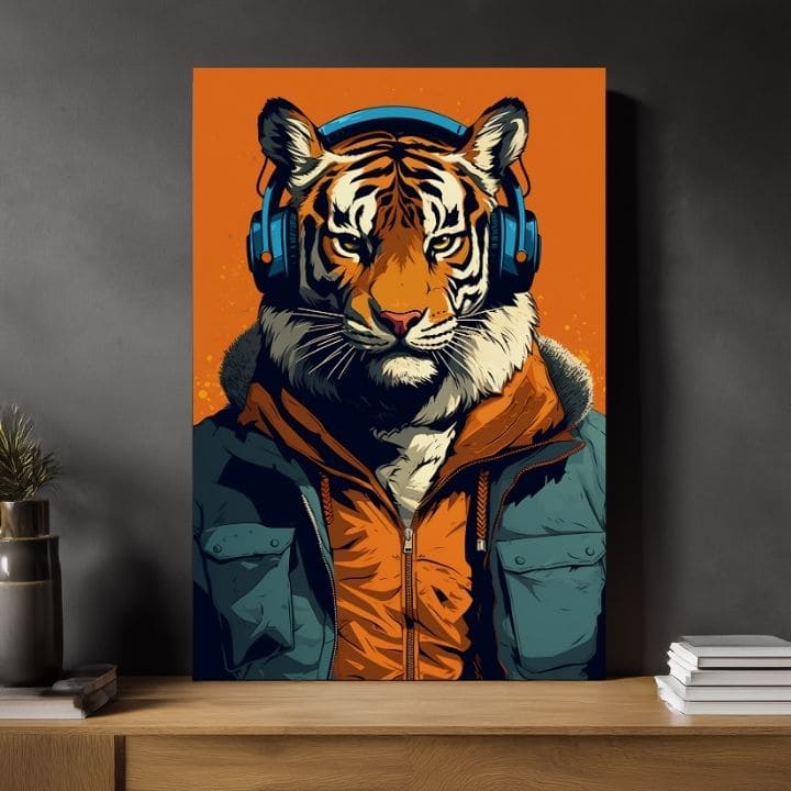 Moderný obraz na plátne s motívom Tiger Vibes, tiger, slúchadlá, sako v oranžovo-modrých odtieňoch, príroda | Obraz Tiger Vibes – produkt