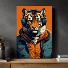 Moderný obraz na plátne s motívom Tiger Vibes, tiger, slúchadlá, sako v oranžovo-modrých odtieňoch, príroda | Obraz Tiger Vibes – produkt