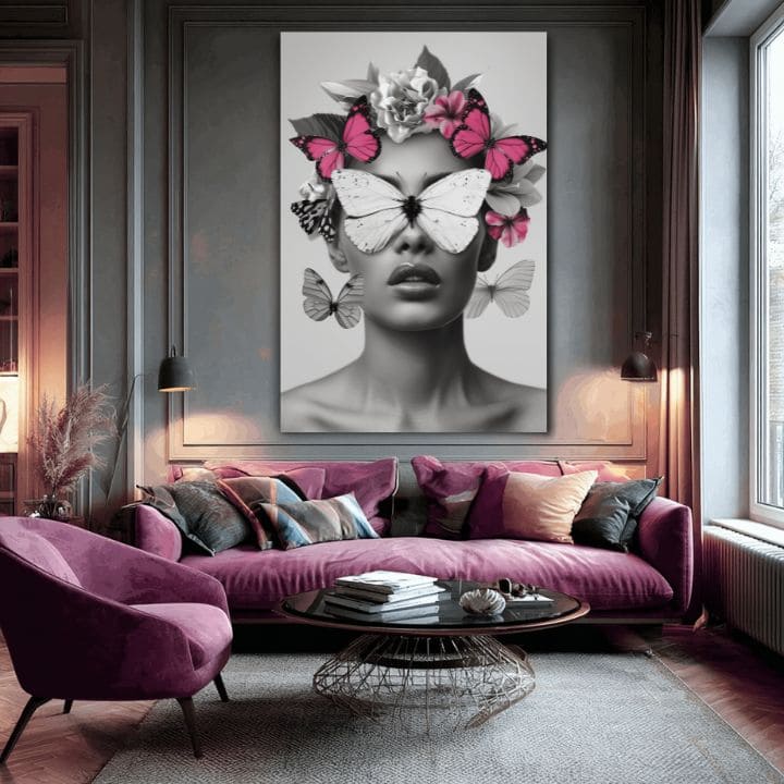 Moderný obraz na plátne s motívom Butterfly Vision, motýle, kvety v bielo-čiernych odtieňoch, éterická atmosféra, krása a sny | Obraz Butterfly Vision – produkt, pohľad 2