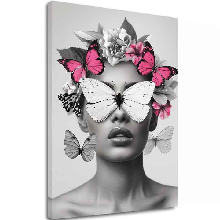 Moderný obraz na plátne s motívom Butterfly Vision, motýle, kvety v bielo-čiernych odtieňoch, éterická atmosféra, krása a sny | Obraz Butterfly Vision – hlavný
