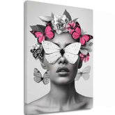 Moderný obraz na plátne s motívom Butterfly Vision, motýle, kvety v bielo-čiernych odtieňoch, éterická atmosféra, krása a sny | Obraz Butterfly Vision – hlavný