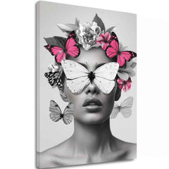 Moderný obraz na plátne s motívom Butterfly Vision, motýle, kvety v bielo-čiernych odtieňoch, éterická atmosféra, krása a sny | Obraz Butterfly Vision – hlavný