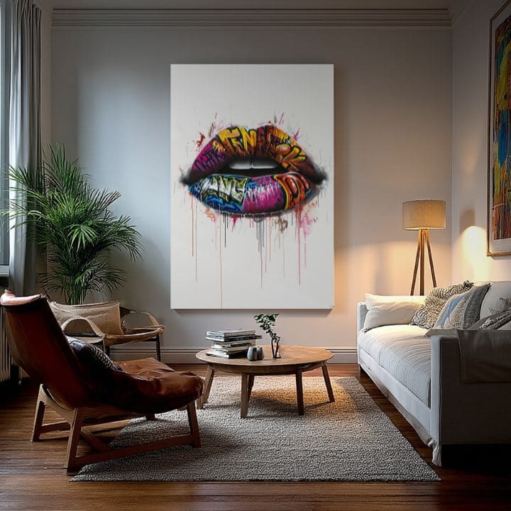 Moderný obraz na plátne s motívom Graffiti Lips, graffiti v bielo-ružových odtieňoch, energická atmosféra | Obraz Graffiti Lips – produkt