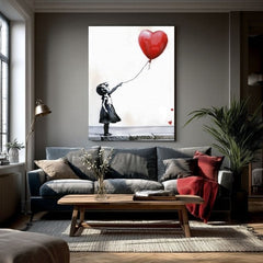 Moderný obraz na plátne s motívom Heart Balloon Girl, balón, srdce v bielo-čiernych odtieňoch, melancholická atmosféra, nádej | Obraz Heart Balloon Girl – produkt