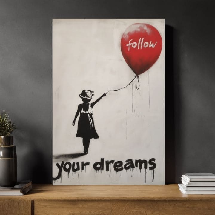 Moderný obraz na plátne s motívom Heart Balloon Girl, balón, srdce v bielo-čiernych odtieňoch, melancholická atmosféra, nádej | Obraz Heart Balloon Girl – produkt, pohľad 2