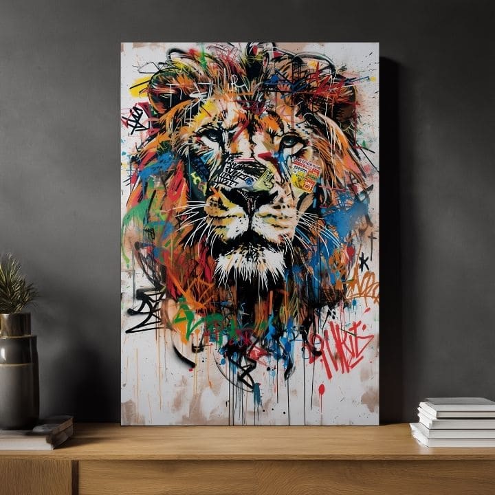 Moderný obraz na plátne s motívom Graffiti Lion, lev v čierno-oranžových odtieňoch, energická atmosféra, sila a sloboda | Obraz Graffiti Lion – produkt