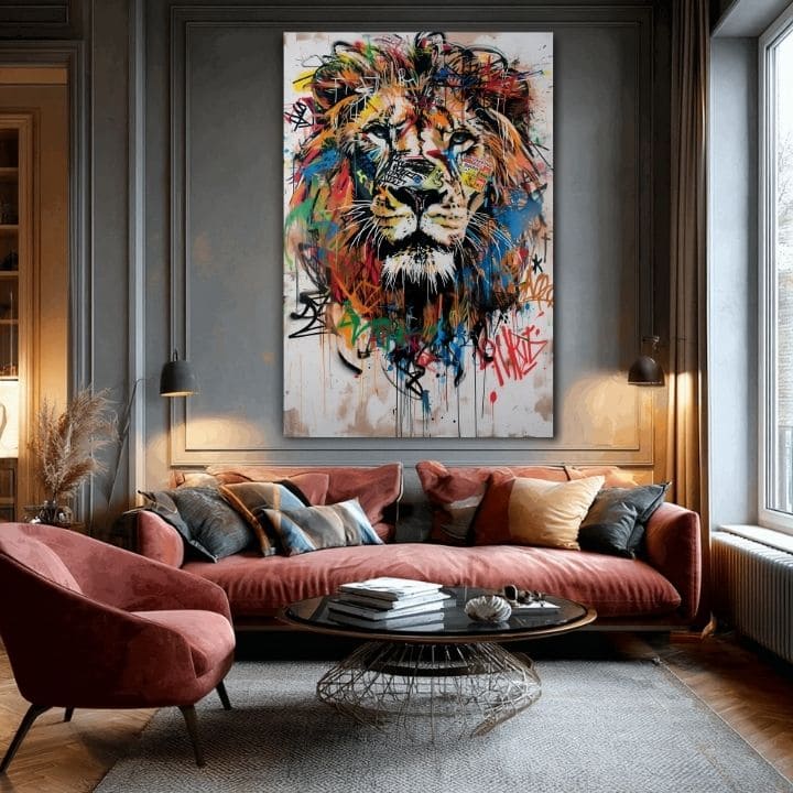 Moderný obraz na plátne s motívom Graffiti Lion, lev v čierno-oranžových odtieňoch, energická atmosféra, sila a sloboda | Obraz Graffiti Lion – produkt, pohľad 2