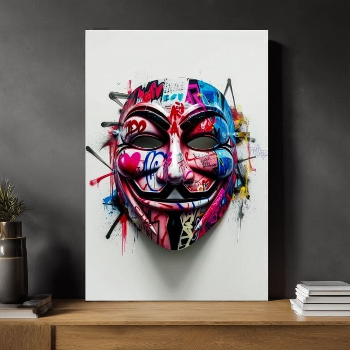 Moderný obraz na plátne s motívom Anonymous Mask v bielo-čiernych odtieňoch, energická atmosféra | Obraz Anonymous Mask – produkt