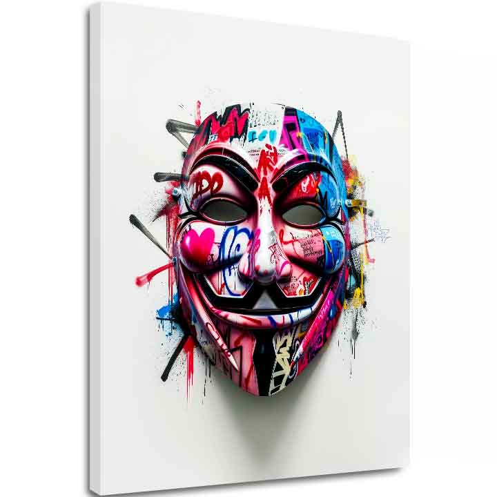 Moderný obraz na plátne s motívom Anonymous Mask v bielo-čiernych odtieňoch, energická atmosféra | Obraz Anonymous Mask – hlavný