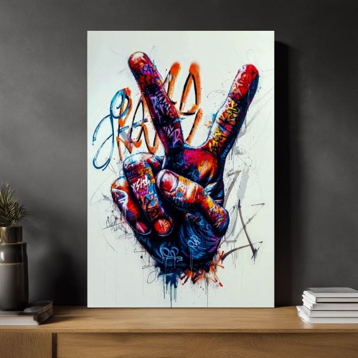 Moderný obraz na plátne s motívom Peace Hand v čierno-bielych odtieňoch, energická atmosféra | Obraz Peace Hand, nástenná dekorácia – produkt