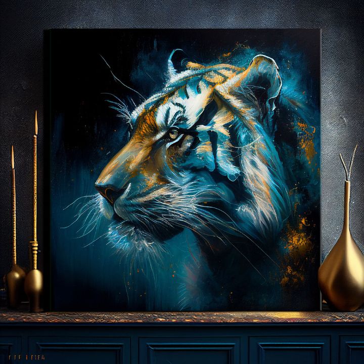 Art deco obraz na plátne s motívom PREMIUM ART - Tiger's Mighty Spirit, tiger v modro-oranžových odtieňoch, intenzívna atmosféra, vhodný do kancelárie – produkt