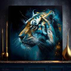 Art deco obraz na plátne s motívom PREMIUM ART - Tiger's Mighty Spirit, tiger v modro-oranžových odtieňoch, intenzívna atmosféra, vhodný do kancelárie – produkt