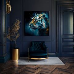 Art deco obraz na plátne s motívom PREMIUM ART - Tiger's Mighty Spirit, tiger v modro-oranžových odtieňoch, intenzívna atmosféra, vhodný do kancelárie – produkt, pohľad 2
