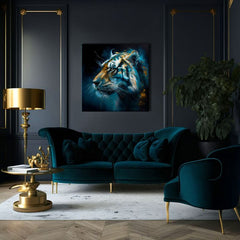 Art deco obraz na plátne s motívom PREMIUM ART - Tiger's Mighty Spirit, tiger v modro-oranžových odtieňoch, intenzívna atmosféra, vhodný do kancelárie – produkt, pohľad 3