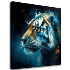Art deco obraz na plátne s motívom PREMIUM ART - Tiger's Mighty Spirit, tiger v modro-oranžových odtieňoch, intenzívna atmosféra, vhodný do kancelárie – hlavný