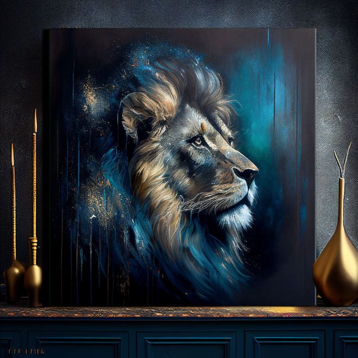 Art deco obraz na plátne s motívom PREMIUM ART - Lion's Strength and Grace, lev v modro-oranžových odtieňoch, majestátna atmosféra, vhodný do kancelárie – produkt