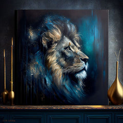 Art deco obraz na plátne s motívom PREMIUM ART - Lion's Strength and Grace, lev v modro-oranžových odtieňoch, majestátna atmosféra, vhodný do kancelárie – produkt
