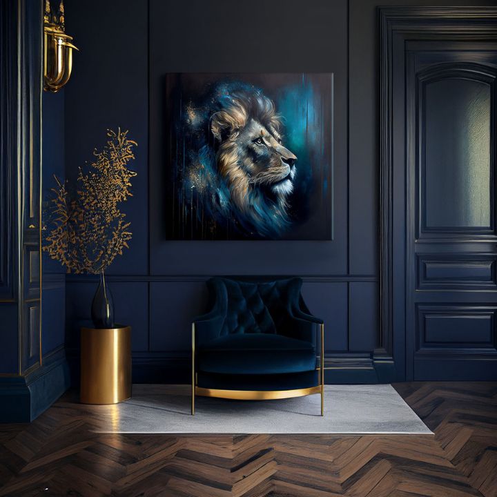 Art deco obraz na plátne s motívom PREMIUM ART - Lion's Strength and Grace, lev v modro-oranžových odtieňoch, majestátna atmosféra, vhodný do kancelárie – produkt, pohľad 2