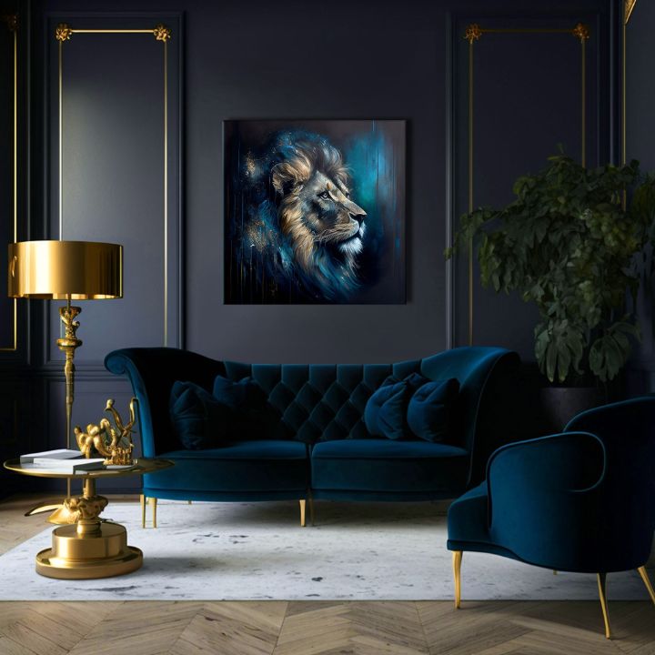 Art deco obraz na plátne s motívom PREMIUM ART - Lion's Strength and Grace, lev v modro-oranžových odtieňoch, majestátna atmosféra, vhodný do kancelárie – produkt, pohľad 3