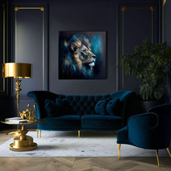 Art deco obraz na plátne s motívom PREMIUM ART - Lion's Strength and Grace, lev v modro-oranžových odtieňoch, majestátna atmosféra, vhodný do kancelárie – produkt, pohľad 3