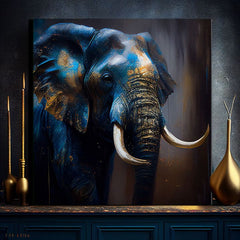 Art deco obraz na plátne s motívom slon, africký motív, príroda, zviera v modro-zlatých odtieňoch, majestátna atmosféra, príroda a sila, štvorcové prevedenie – produkt