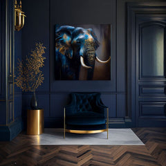 Art deco obraz na plátne s motívom slon, africký motív, príroda, zviera v modro-zlatých odtieňoch, majestátna atmosféra, príroda a sila, štvorcové prevedenie – produkt, pohľad 2