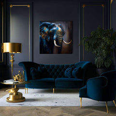 Art deco obraz na plátne s motívom slon, africký motív, príroda, zviera v modro-zlatých odtieňoch, majestátna atmosféra, príroda a sila, štvorcové prevedenie – produkt, pohľad 3