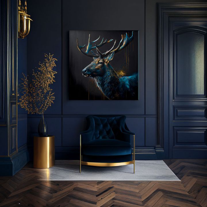 Art deco obraz na plátne s motívom PREMIUM ART - Peaceful Forest Guardian, jeleň v modro-zlatých odtieňoch, majestátna atmosféra, vhodný do pracovne – produkt