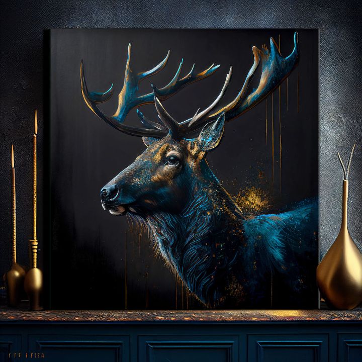 Art deco obraz na plátne s motívom PREMIUM ART - Peaceful Forest Guardian, jeleň v modro-zlatých odtieňoch, majestátna atmosféra, vhodný do pracovne – produkt, pohľad 2